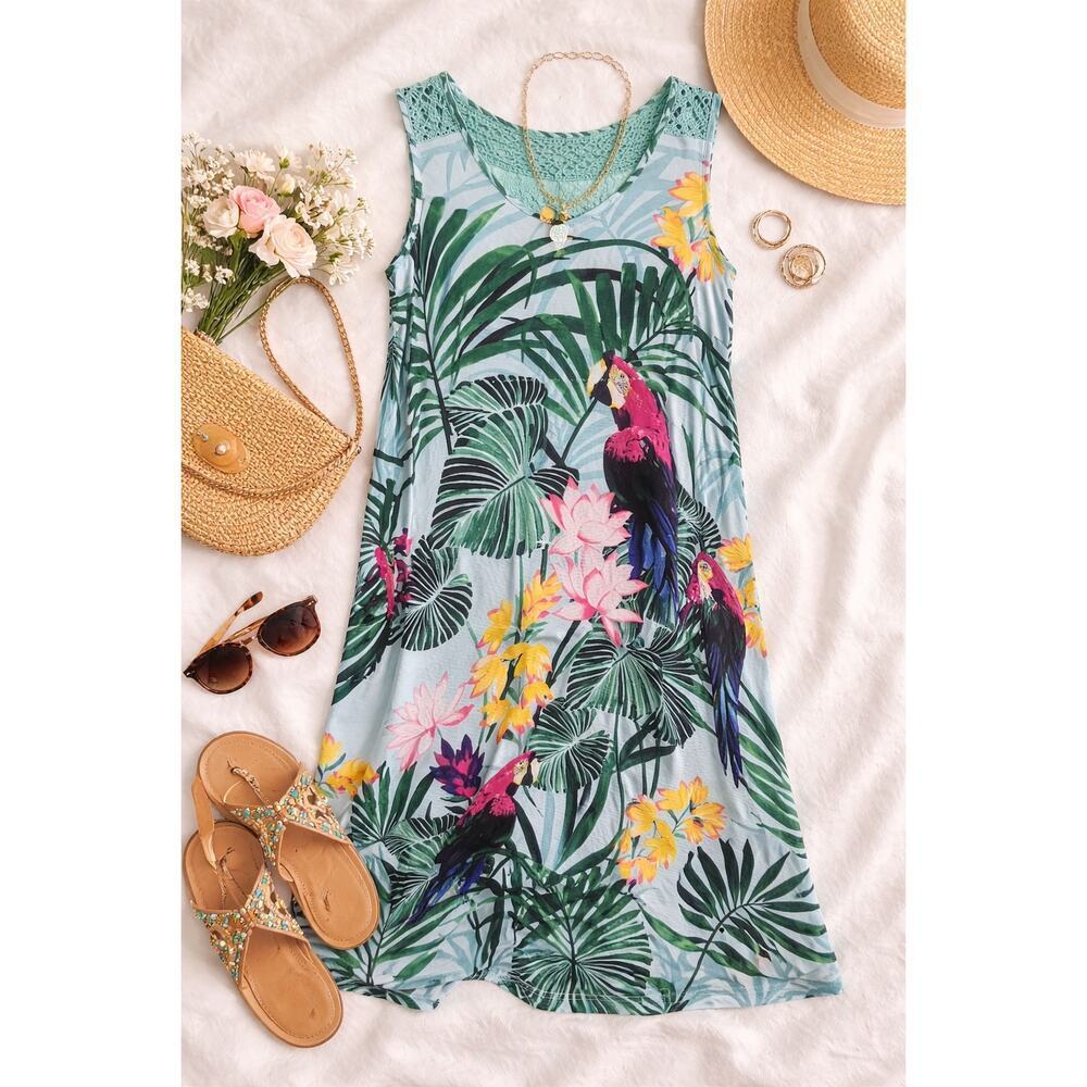 One World Parrot Crochet Blue Jungle Dress Tropical Boho NWT L